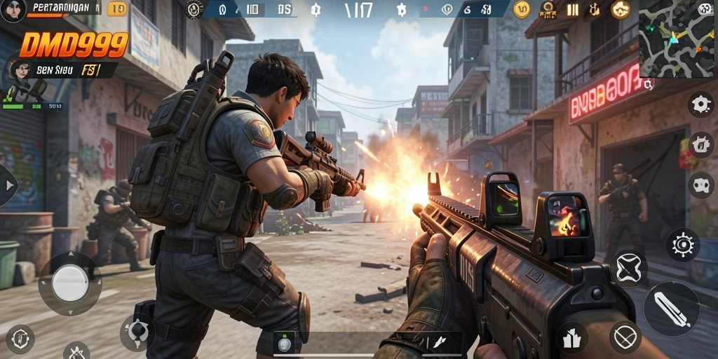 Tampilan gameplay seru DMD999 dengan aksi FPS yang mendebarkan.