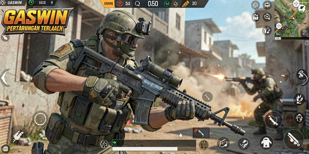 Tampilan gameplay GASWIN yang seru dalam pertarungan Battle Royale.