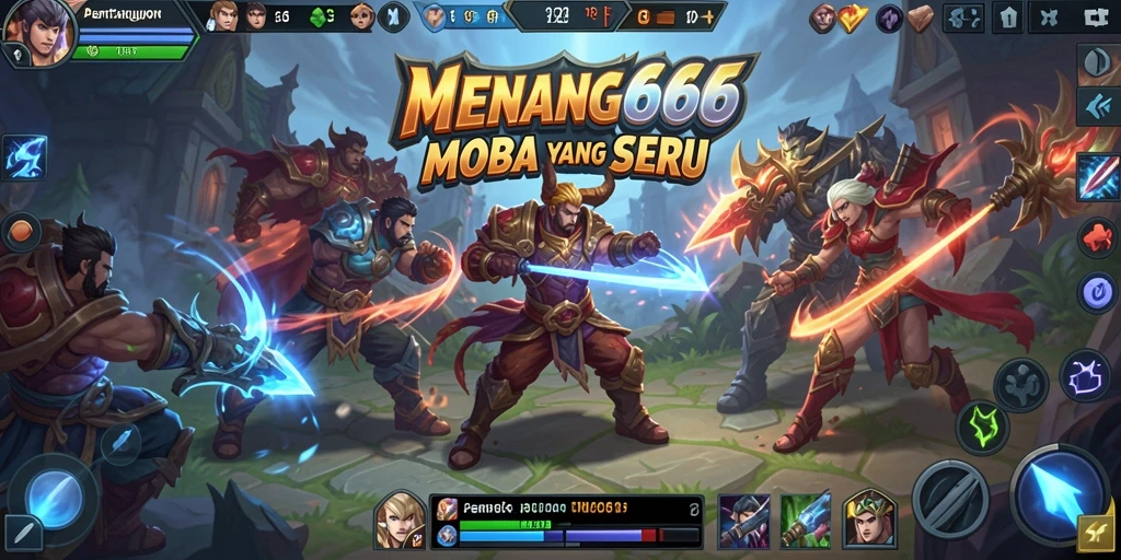 Screenshot gameplay MENANG666 dengan aksi pertempuran MOBA yang intens.
