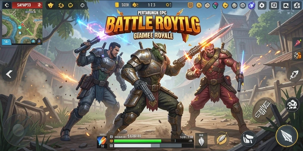 Tampilan gameplay seru di dalam SAYAP33 dengan aksi Battle Royale yang mendebarkan.