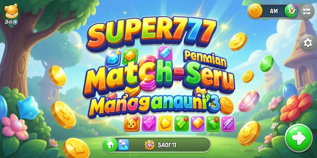 Gameplay SUPER777 dengan grafis match-3 yang cerah dan menarik.